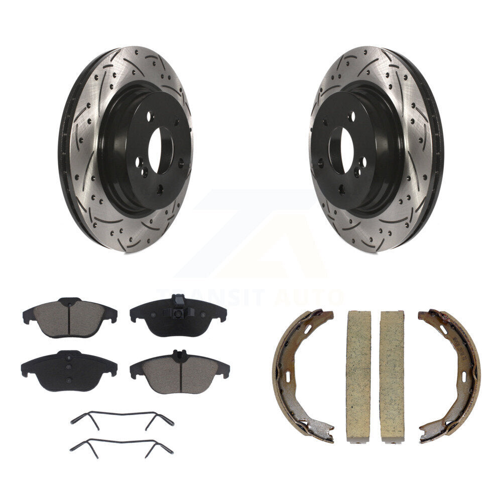 Rear Disc Drilled & Slotted Rotors Ceramic Pads Parking Shoes Kit For Mercedes-Benz C300 KDC-101322