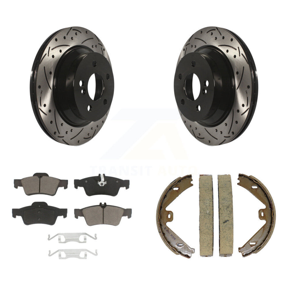 Rear Disc Drilled & Slotted Rotors Ceramic Pads Parking Shoes Kit For Mercedes-Benz E350 KDC-101323