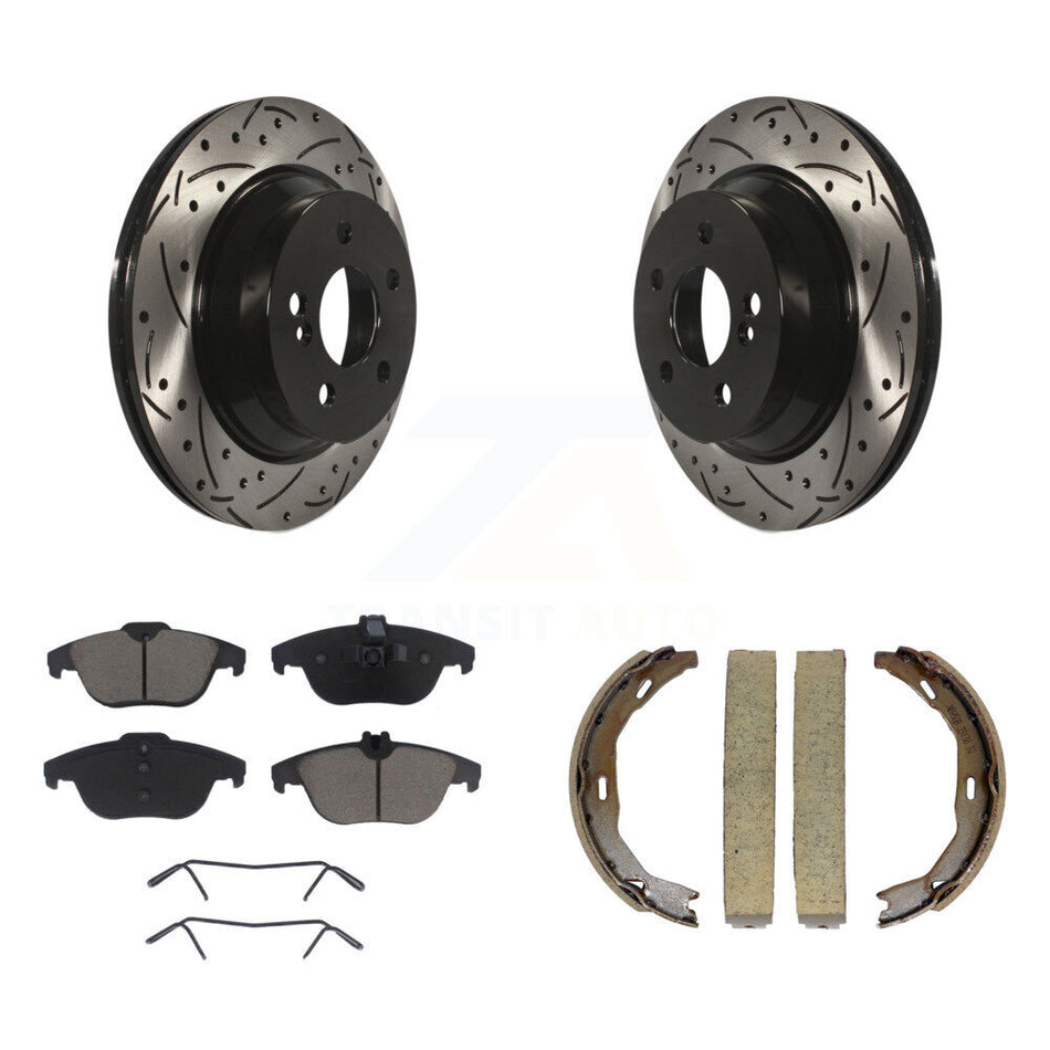 Rear Disc Drilled & Slotted Rotors Ceramic Pads Parking Shoes Kit For Mercedes-Benz E350 KDC-101325