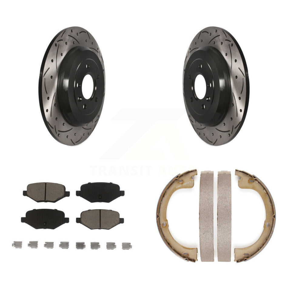 Rear Disc Drilled & Slotted Rotors Ceramic Pads Parking Brake Shoes Kit For Lincoln MKT KDC-101329