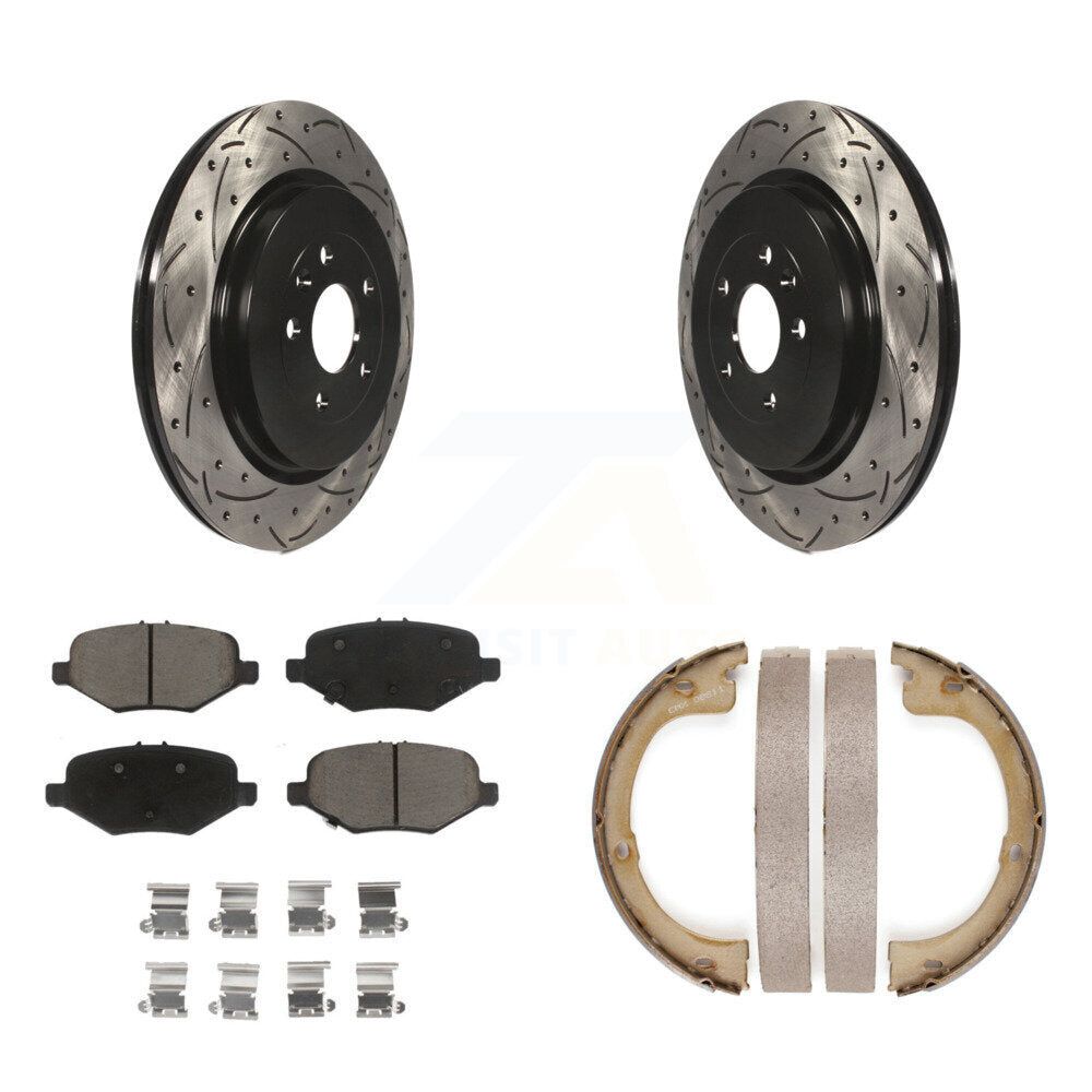 Rear Disc Drilled & Slotted Rotors Ceramic Pads Parking Brake Shoes Kit For Lincoln MKT KDC-101331