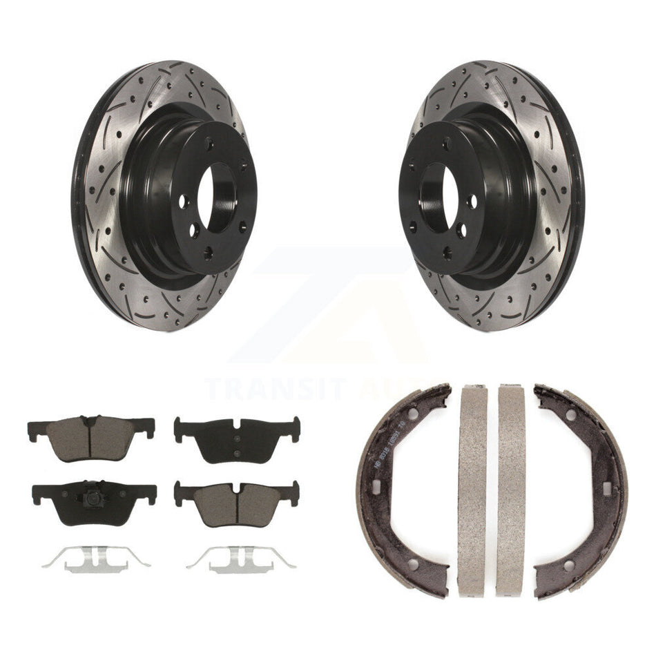 Rear Disc Drilled & Slotted Rotors Ceramic Pads And Parking Brake Shoes Kit For BMW 328i KDC-101333