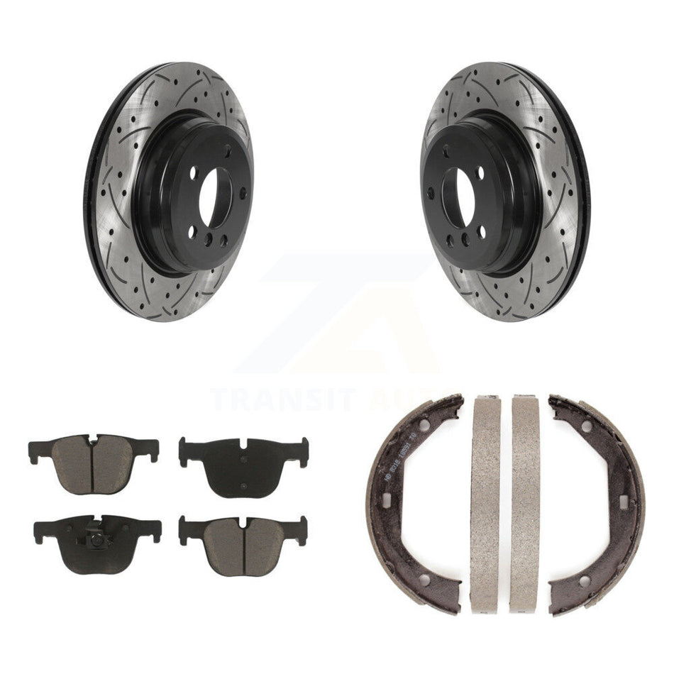 Rear Disc Drilled & Slotted Rotors Ceramic Pads Parking Shoes Kit For BMW 330i xDrive GT KDC-101335