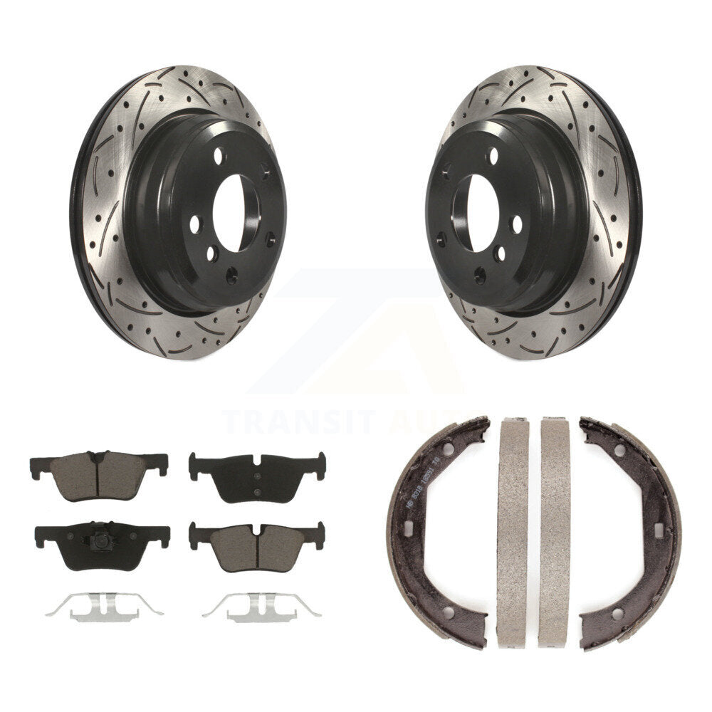 Rear Disc Drilled & Slotted Rotors Ceramic Pads Parking Shoes Kit For BMW 328i xDrive GT KDC-101336