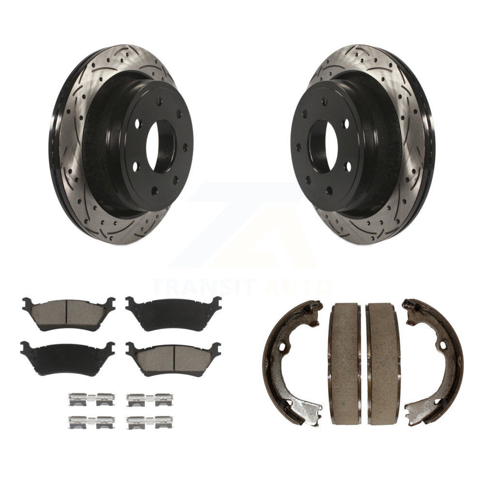 Rear Disc Drilled & Slotted Rotors Ceramic Pads Parking Brake Shoes Kit For Ford F-150 KDC-101348