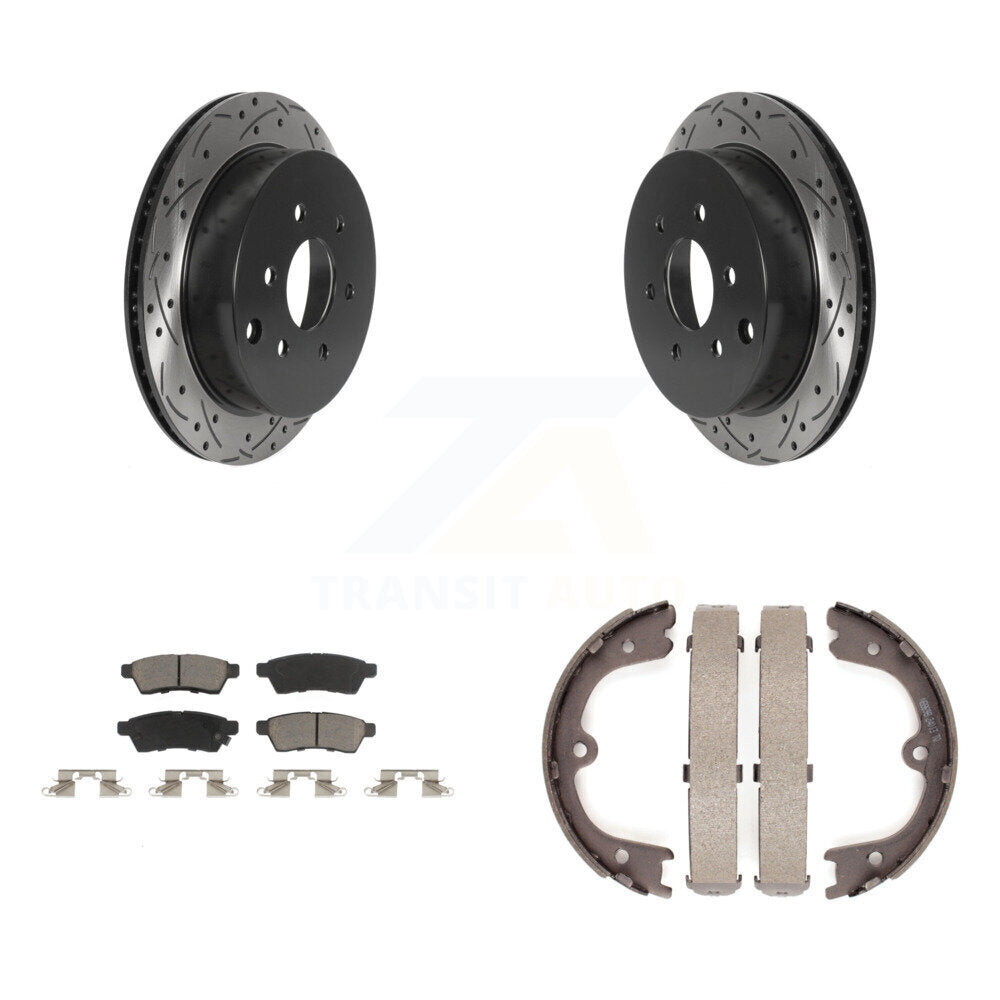 Rear Disc Drilled & Slotted Rotors Ceramic Pads And Parking Shoes Kit For Nissan Frontier KDC-101355
