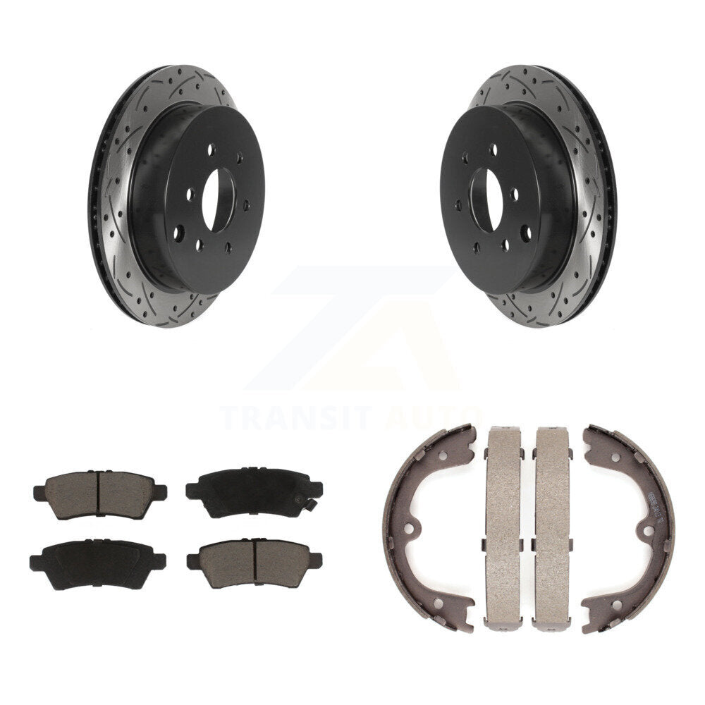 Rear Disc Drilled & Slotted Rotors Ceramic Pads Parking Shoes Kit For 06-07 Nissan Xterra KDC-101356