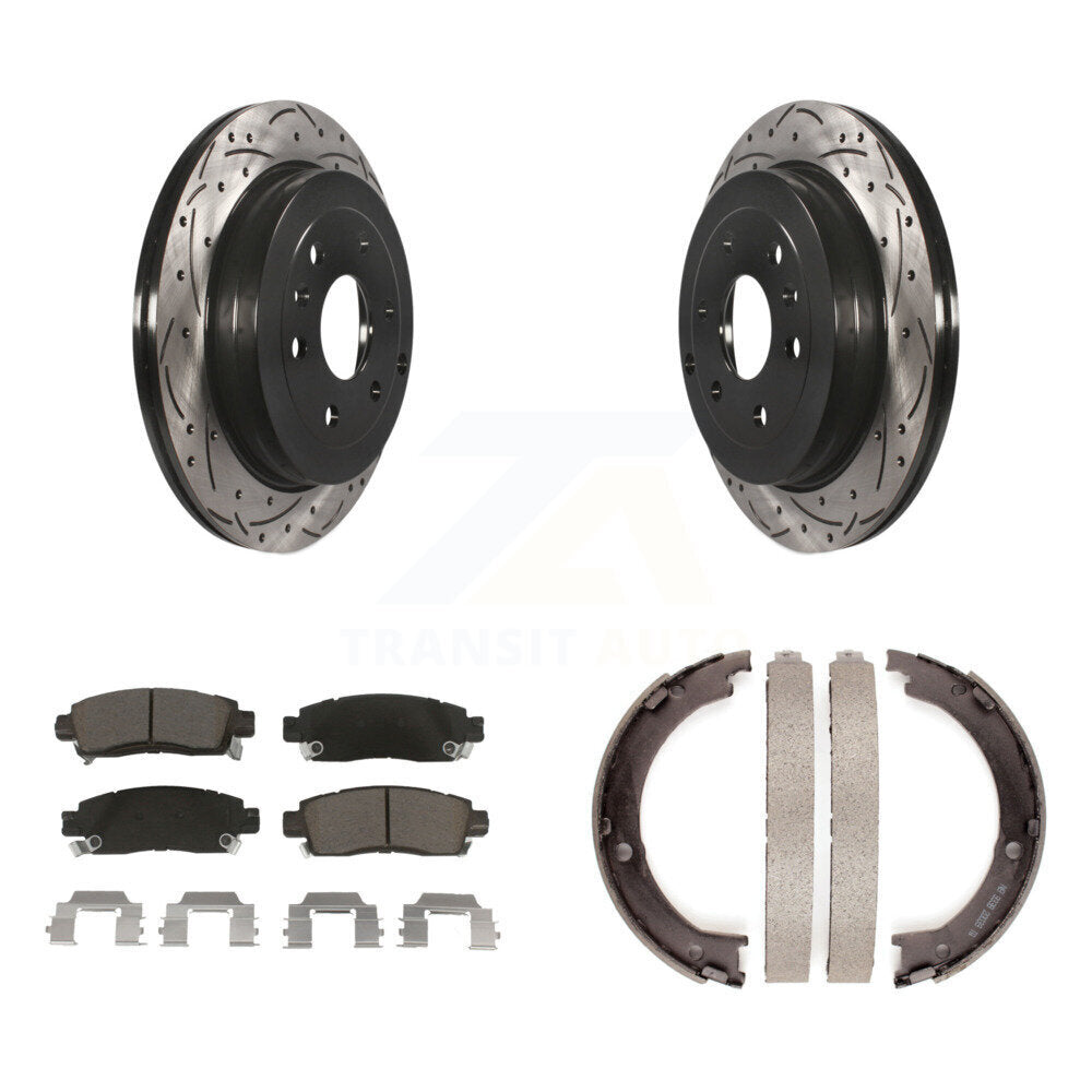 Rear Disc Drilled & Slotted Rotors Ceramic Pads Parking Shoes Kit For GMC Acadia Buick KDC-101358