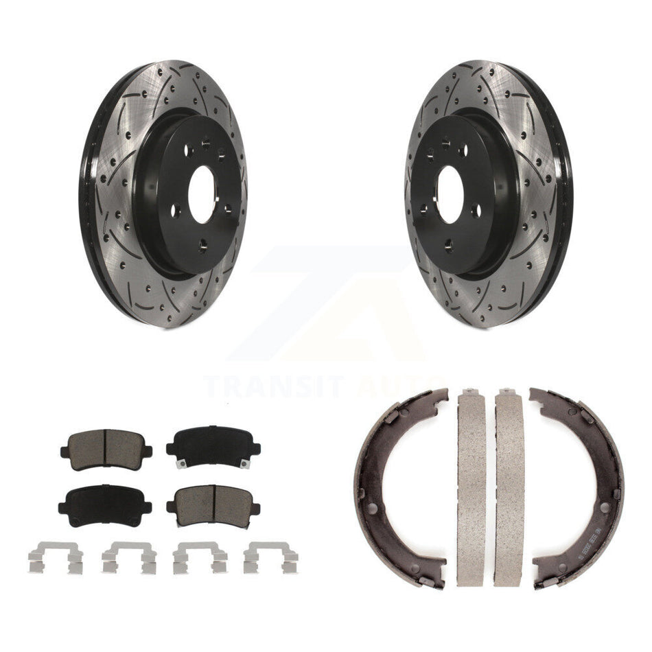 Rear Disc Drilled & Slotted Rotors Ceramic Pads Parking Brake Shoes Kit For Cadillac XTS KDC-101359