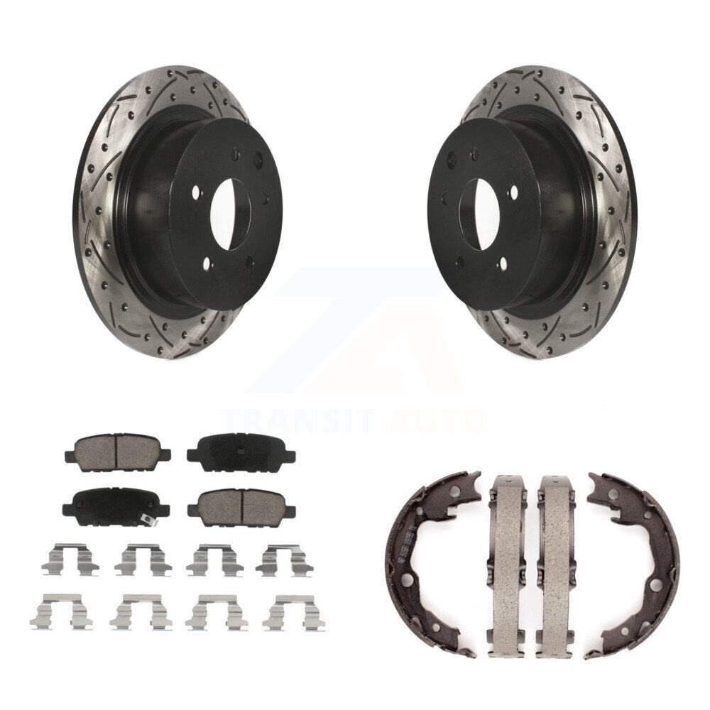Rear Disc Drilled & Slotted Rotors Ceramic Pads Parking Shoes Kit For Nissan Sentra Juke KDC-101360