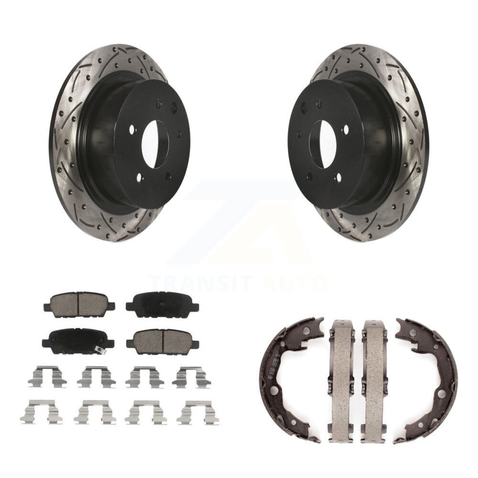 Rear Disc Drilled & Slotted Rotors Ceramic Pads Parking Shoes Kit For Nissan Sentra Juke KDC-101360