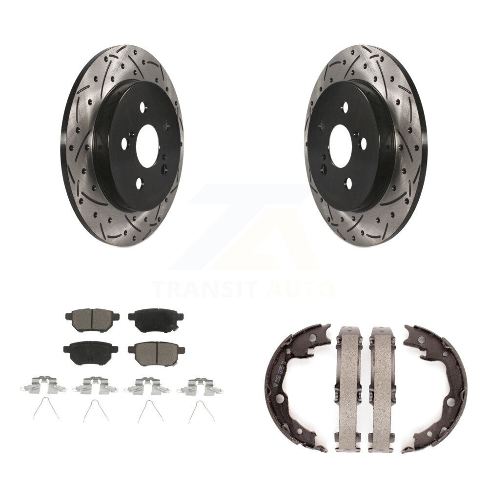 Rear Disc Drilled & Slotted Rotors Ceramic Pads Parking Shoes Kit For Toyota Matrix Vibe KDC-101363