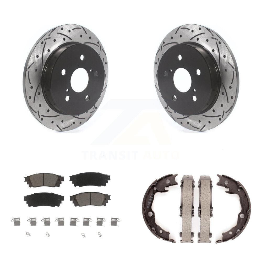 Rear Disc Drilled & Slotted Rotors Ceramic Pads Parking Shoes Kit For Toyota Camry RAV4 KDC-101365