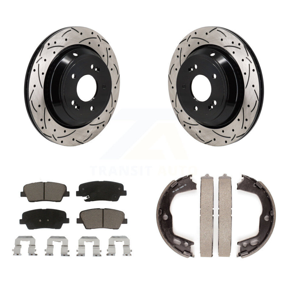 Rear Disc Drilled & Slotted Rotors Ceramic Pads Parking Shoes Kit For 11-13 Hyundai Equus KDC-101366