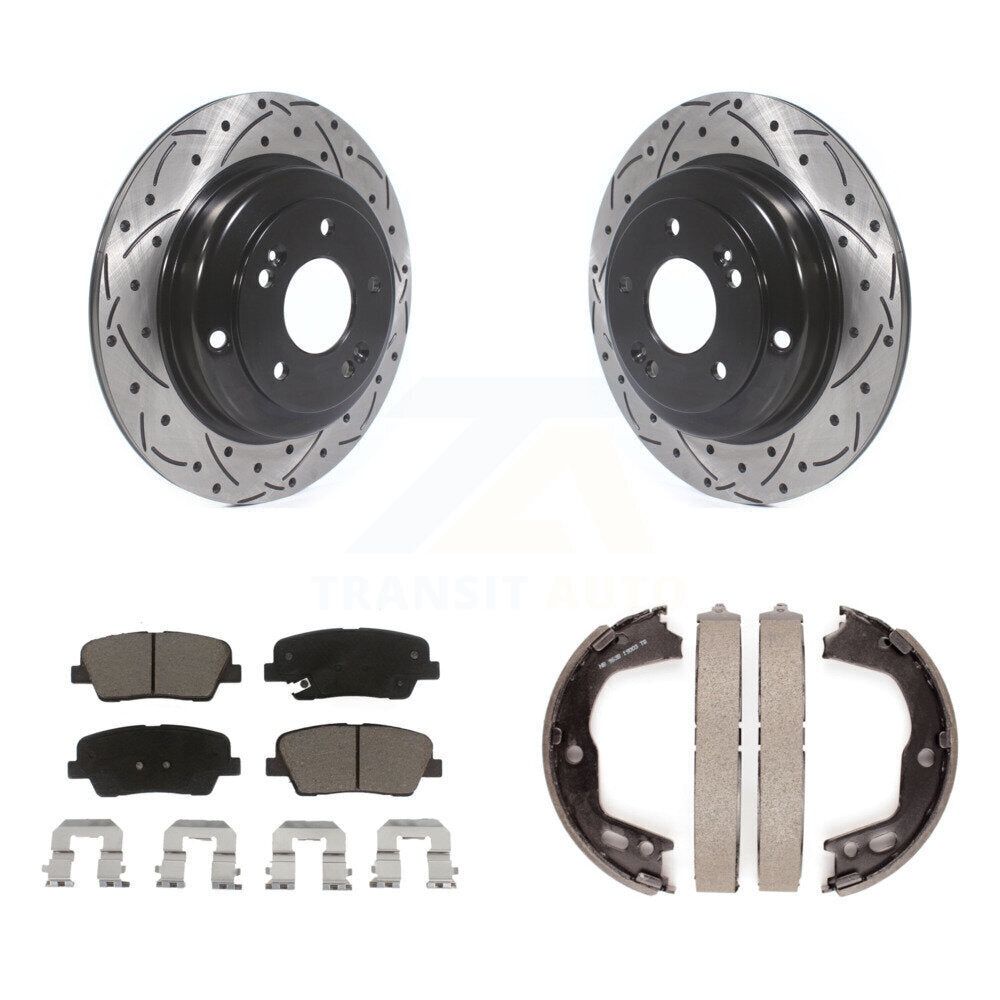 Rear Disc Drilled & Slotted Rotors Ceramic Pads And Parking Brake Shoes Kit For KDC-101368