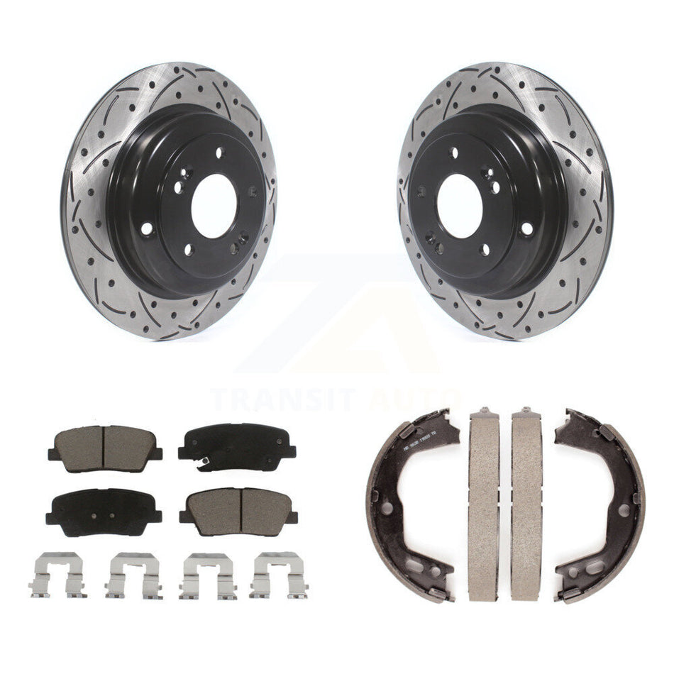 Rear Disc Drilled & Slotted Rotors Ceramic Pads And Parking Brake Shoes Kit For KDC-101368