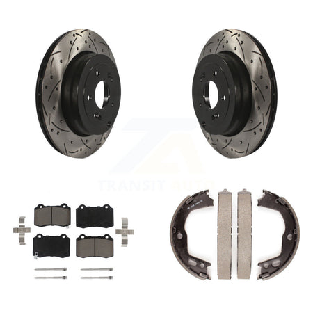 Rear Disc Drilled & Slotted Rotors Ceramic Pads And Parking Brake Shoes Kit For KDC-101369