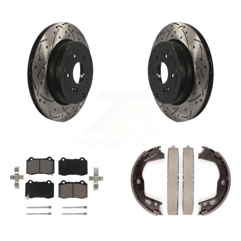 Rear Disc Drilled & Slotted Rotors Ceramic Pads And Parking Brake Shoes Kit For KDC-101369