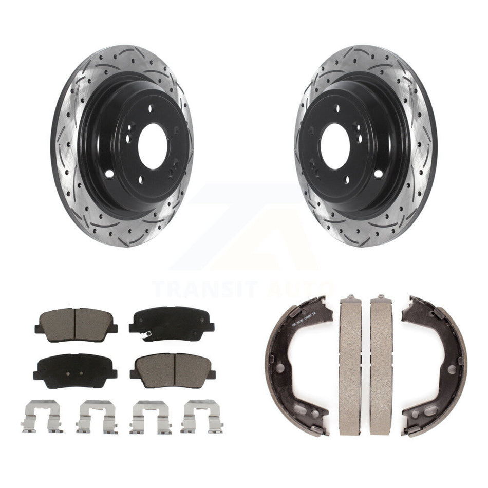Rear Disc Drilled & Slotted Rotors Ceramic Pads And Parking Shoes Kit For Hyundai Genesis KDC-101370