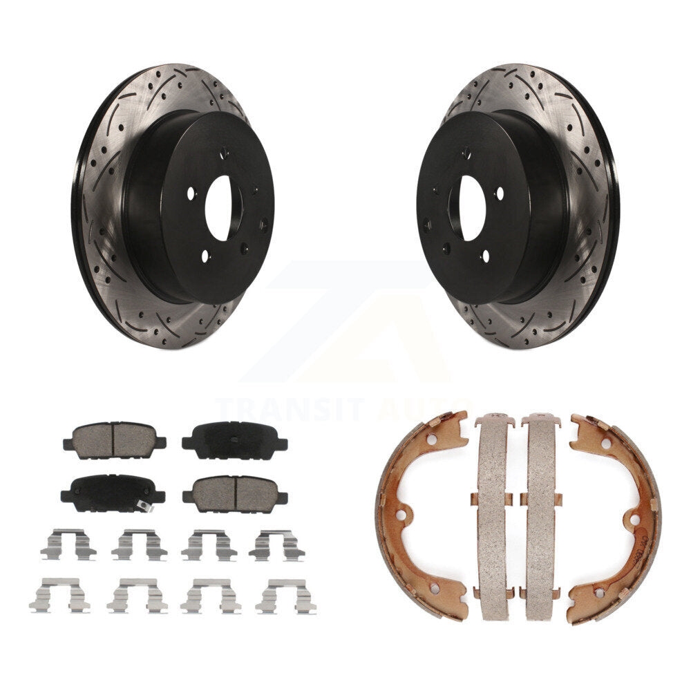 Rear Disc Drilled & Slotted Rotors Ceramic Pads Parking Shoes Kit For INFINITI FX35 Quest KDC-101372