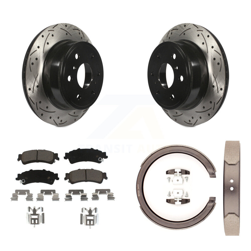 Rear Disc Drilled & Slotted Rotors Ceramic Pads And Parking Brake Shoes Kit For KDC-101374