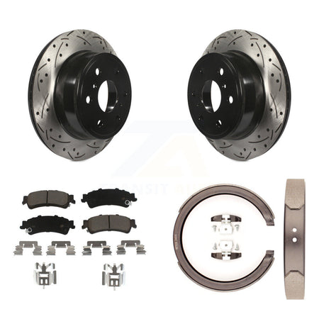 Rear Disc Drilled & Slotted Rotors Ceramic Pads And Parking Brake Shoes Kit For KDC-101374