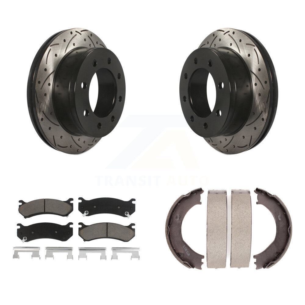 Rear Disc Drilled & Slotted Rotors Ceramic Pads Parking Shoes Kit For Chevrolet GMC 2500 KDC-101376