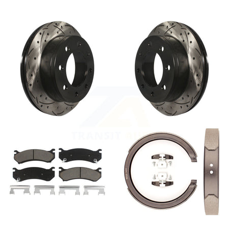 Rear Disc Drilled & Slotted Rotors Ceramic Pads Parking Shoes Kit For GMC Chevrolet 1500 KDC-101377