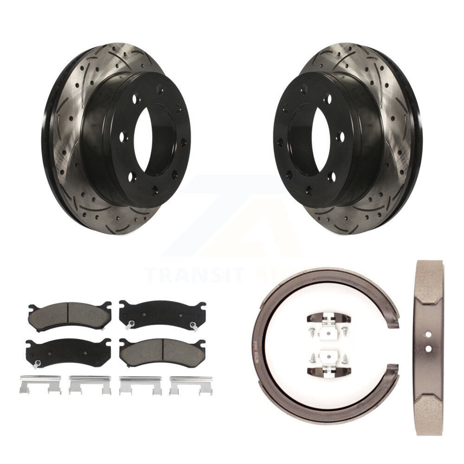 Rear Disc Drilled & Slotted Rotors Ceramic Pads Parking Shoes Kit For GMC Chevrolet 1500 KDC-101377