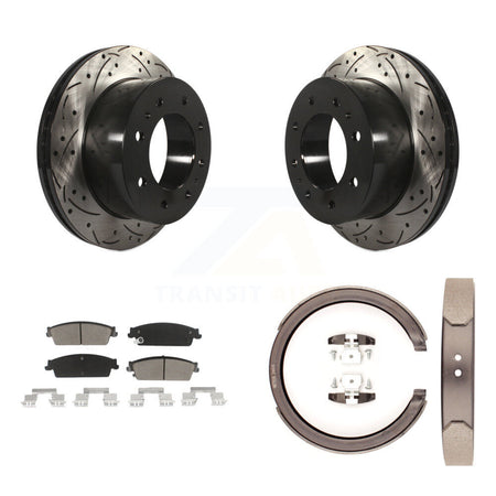 Rear Disc Drilled & Slotted Rotors Ceramic Pads And Parking Brake Shoes Kit For KDC-101379