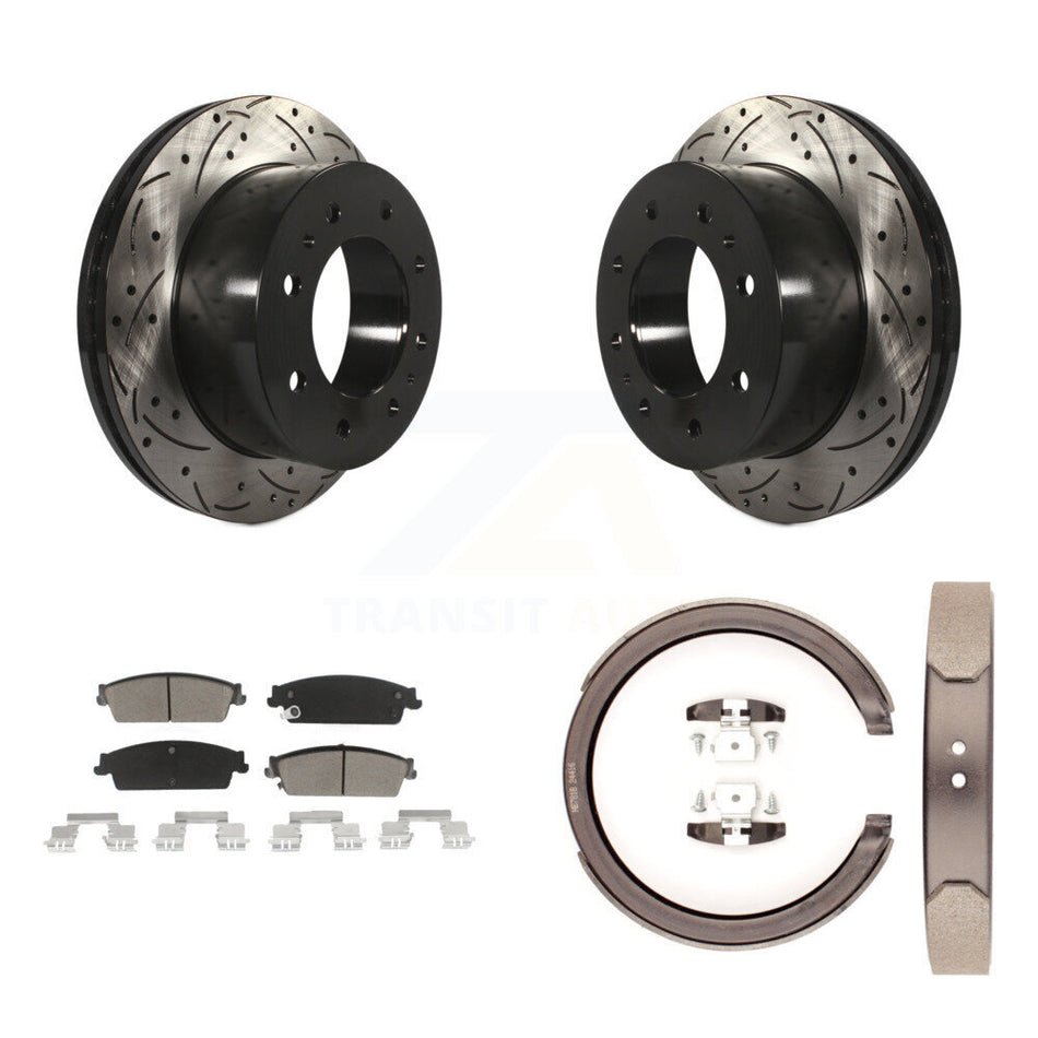 Rear Disc Drilled & Slotted Rotors Ceramic Pads And Parking Brake Shoes Kit For KDC-101379