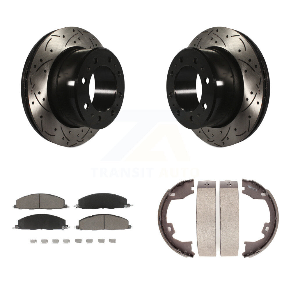 Rear Disc Drilled & Slotted Rotors Ceramic Pads Parking Shoes Kit For Ram 3500 2500 1500 KDC-101382