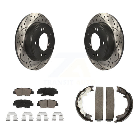 Rear Disc Drilled & Slotted Rotors Ceramic Pads Parking Shoes Kit For 2014 Kia Forte Koup KDC-101384