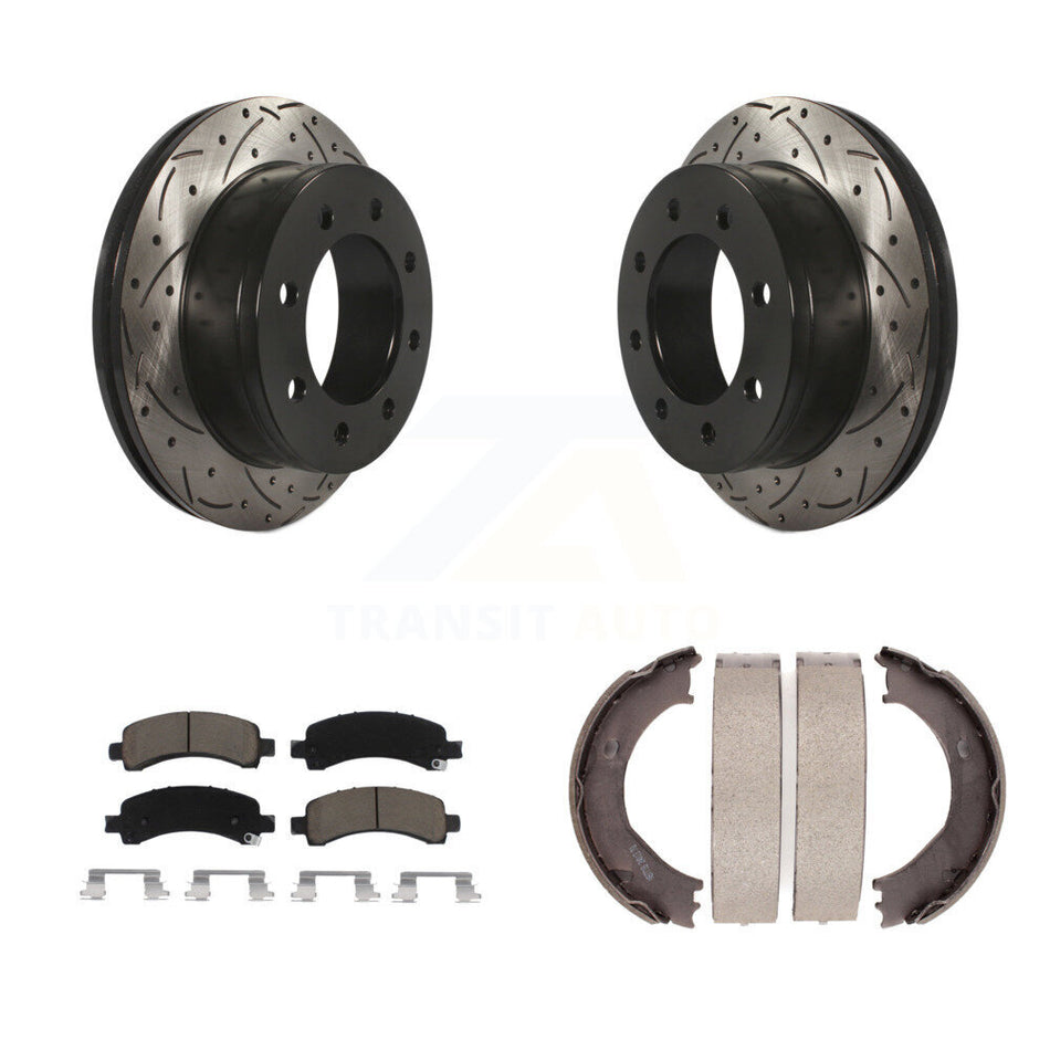Rear Disc Drilled & Slotted Rotors Ceramic Pads Parking Shoes Kit For Chevrolet GMC 3500 KDC-101386