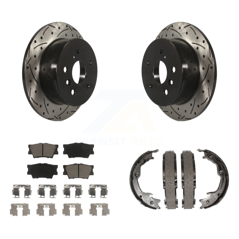 Rear Disc Drilled & Slotted Rotors Ceramic Pads Parking Shoes Kit For Toyota Camry Lexus KDC-101389