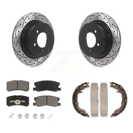 Rear Disc Drilled & Slotted Rotors Ceramic Pads Parking Shoes Kit For Jeep Mitsubishi 200 KDC-101390
