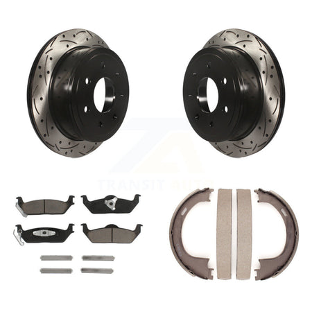 Rear Disc Drilled & Slotted Rotors Ceramic Pads Parking Shoes Kit For Ford F-150 Lincoln KDC-101396