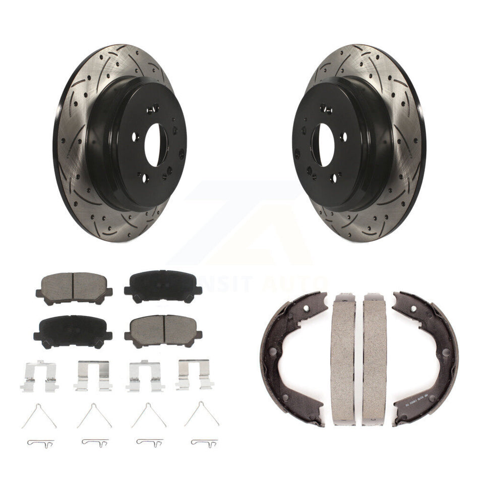 Rear Disc Drilled & Slotted Rotors Ceramic Pads Parking Shoes Kit For Honda Pilot Acura KDC-101397