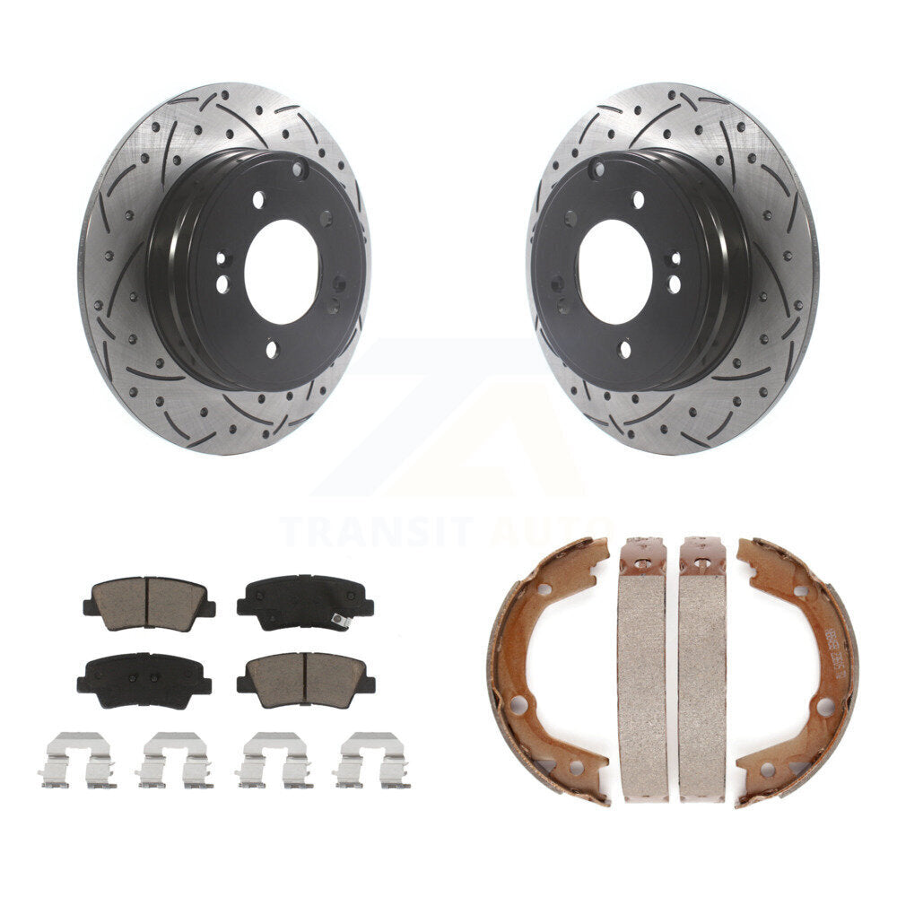 Rear Disc Drilled & Slotted Rotors Ceramic Pads Parking Shoes Kit For Hyundai Sonata 3.3L KDC-101400