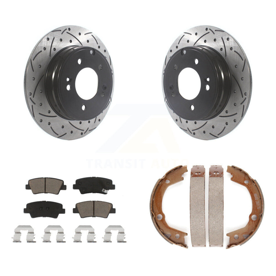 Rear Disc Drilled & Slotted Rotors Ceramic Pads Parking Shoes Kit For Hyundai Sonata 3.3L KDC-101400