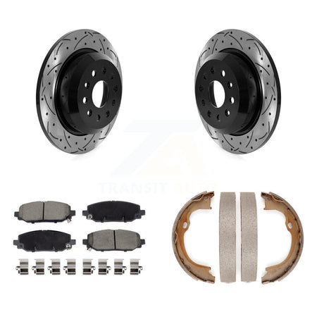 Rear Disc Drilled & Slotted Rotors Ceramic Pads Parking Brake Shoes Kit For Jeep Wrangler KDC-101402