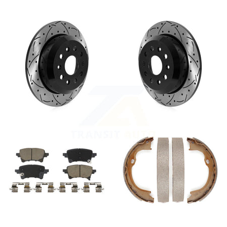 Rear Disc Drilled & Slotted Rotors Ceramic Pads Parking Brake Shoes Kit For Jeep Wrangler KDC-101404