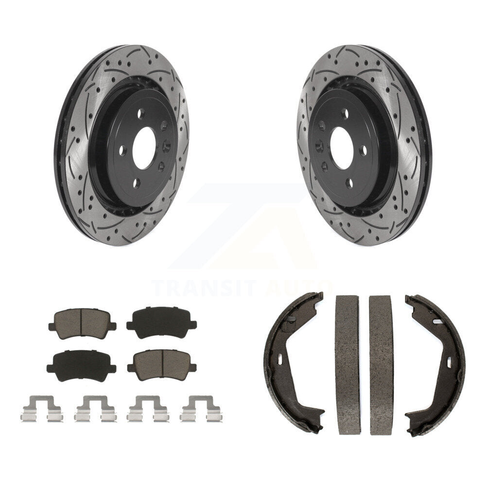 Rear Disc Drilled & Slotted Rotors Ceramic Pads Parking Shoes Kit For 07-09 Volvo S80 AWD KDC-101405