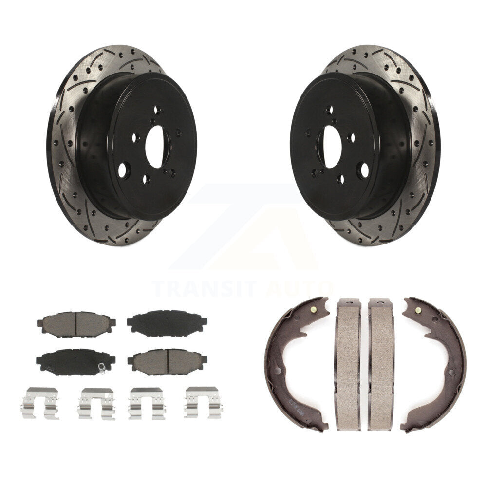 Rear Disc Drilled & Slotted Rotors Ceramic Pads And Parking Shoes Kit For Subaru Impreza KDC-101408