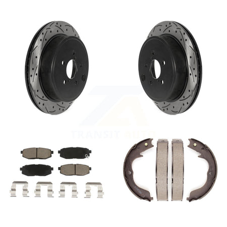 Rear Disc Drilled & Slotted Rotors Ceramic Pads And Parking Shoes Kit For Subaru Outback KDC-101411