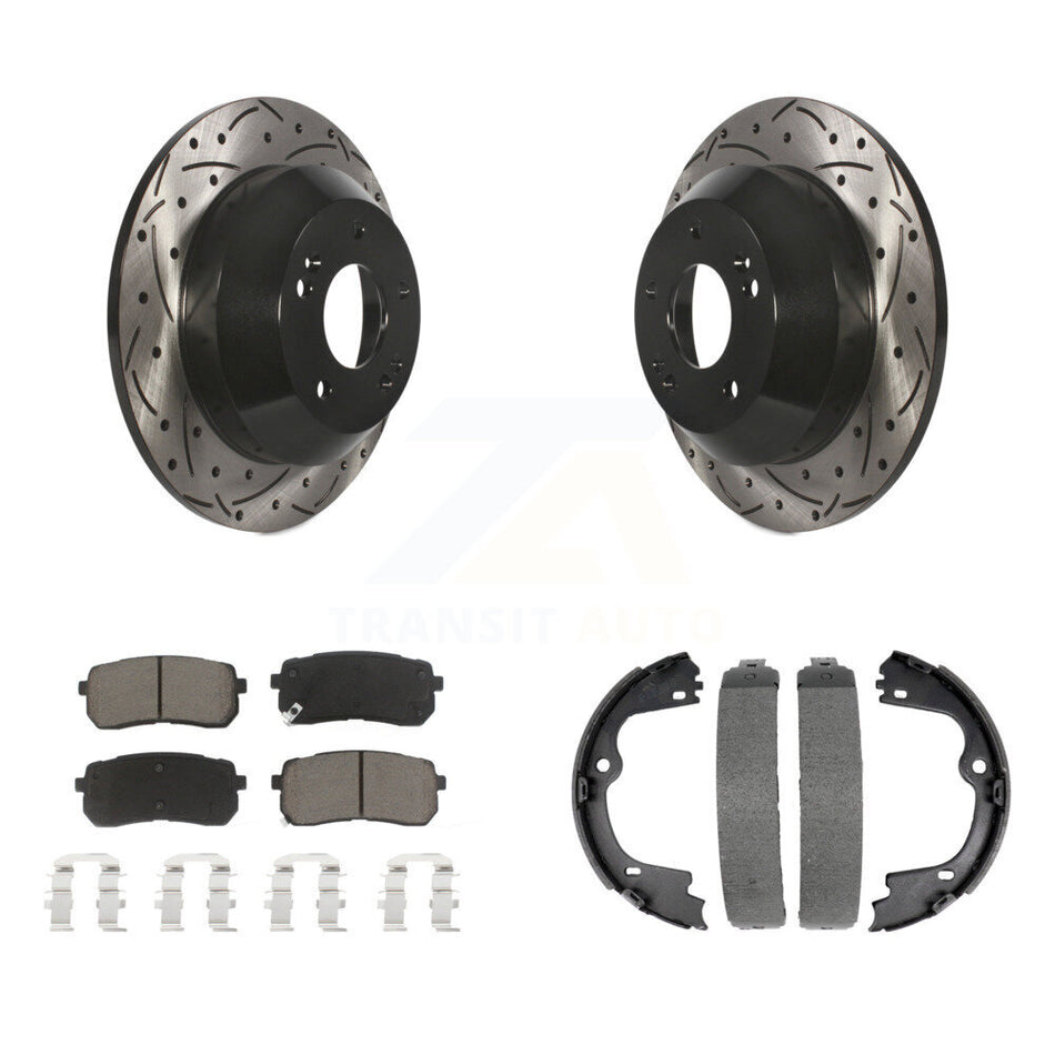 Rear Disc Drilled & Slotted Rotors Ceramic Pads Parking Brake Shoes Kit For Kia Sedona KDC-101414
