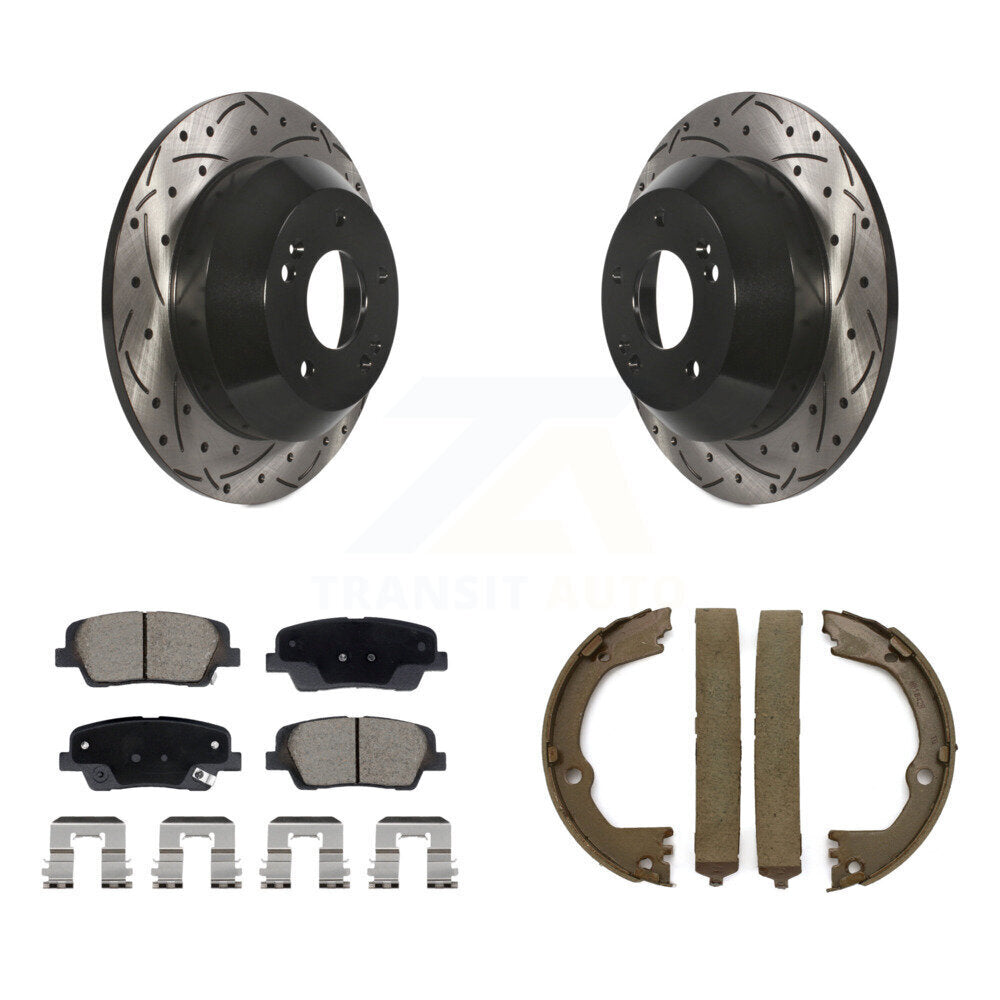 Rear Disc Drilled & Slotted Rotors Ceramic Pads Parking Shoes Kit For Hyundai Santa Fe XL KDC-101415