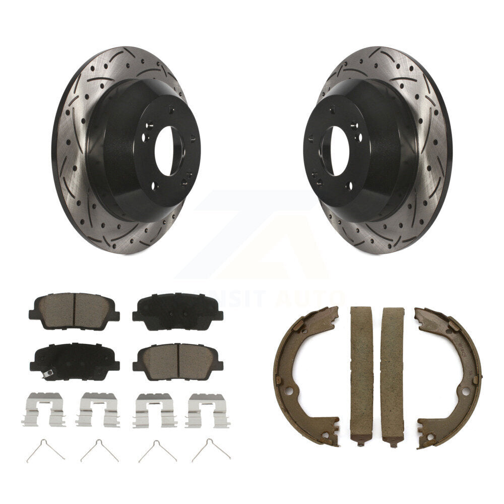 Rear Disc Drilled & Slotted Rotors Ceramic Pads Parking Brake Shoes Kit For Kia Sorento KDC-101416