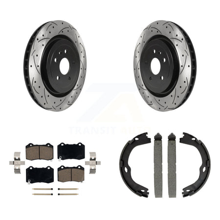 Rear Disc Drilled & Slotted Rotors Ceramic Pads Parking Shoes Kit For Chevrolet Camaro KDC-101418
