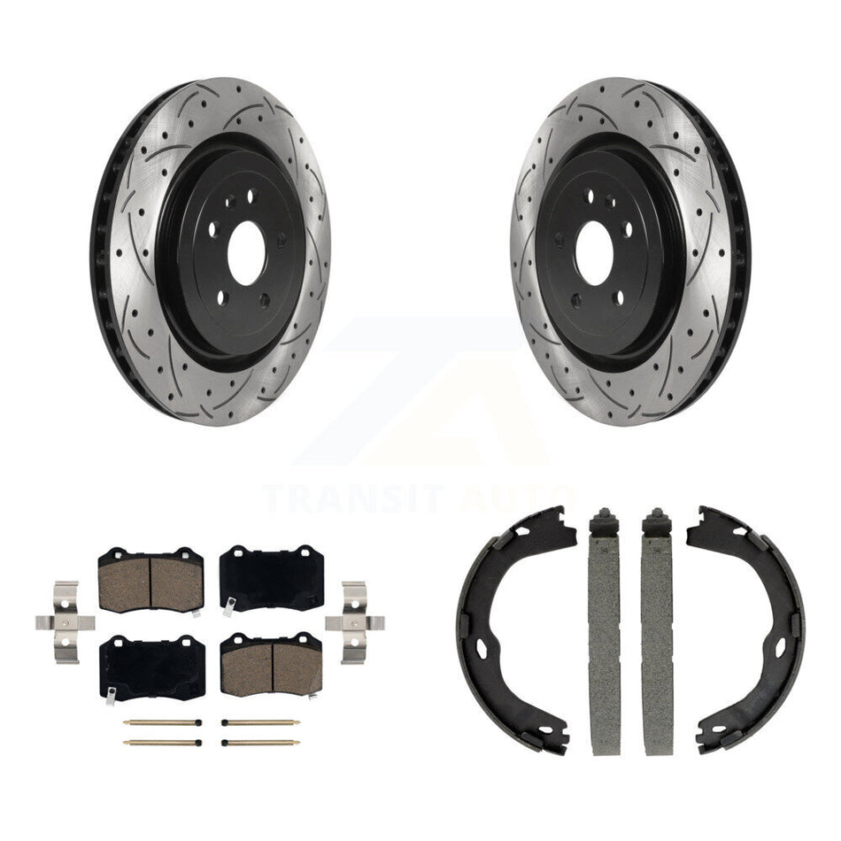 Rear Disc Drilled & Slotted Rotors Ceramic Pads Parking Shoes Kit For Chevrolet Camaro KDC-101418
